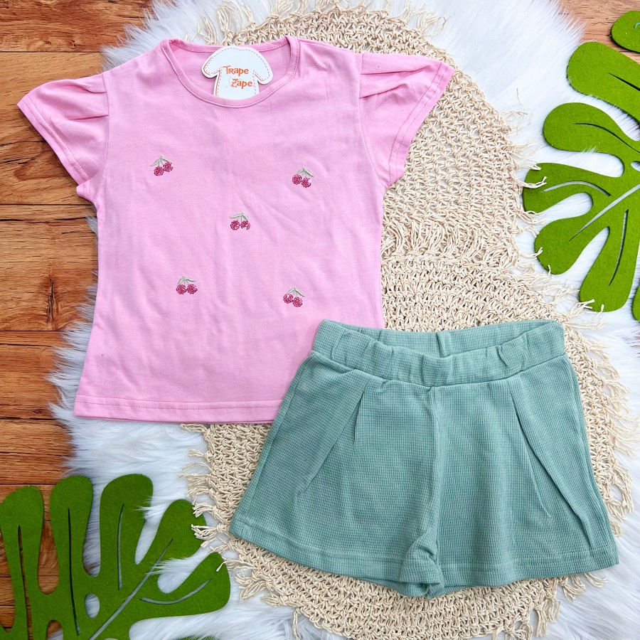 Conj. Blusa Cerejinhas de Paetê e Short - Rose e Verde